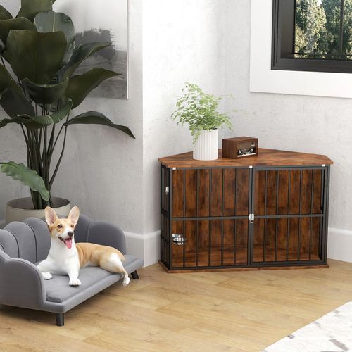 PawHut Corner Dog Crate Furniture with 2 Bowls for Small & Medium Dogs
