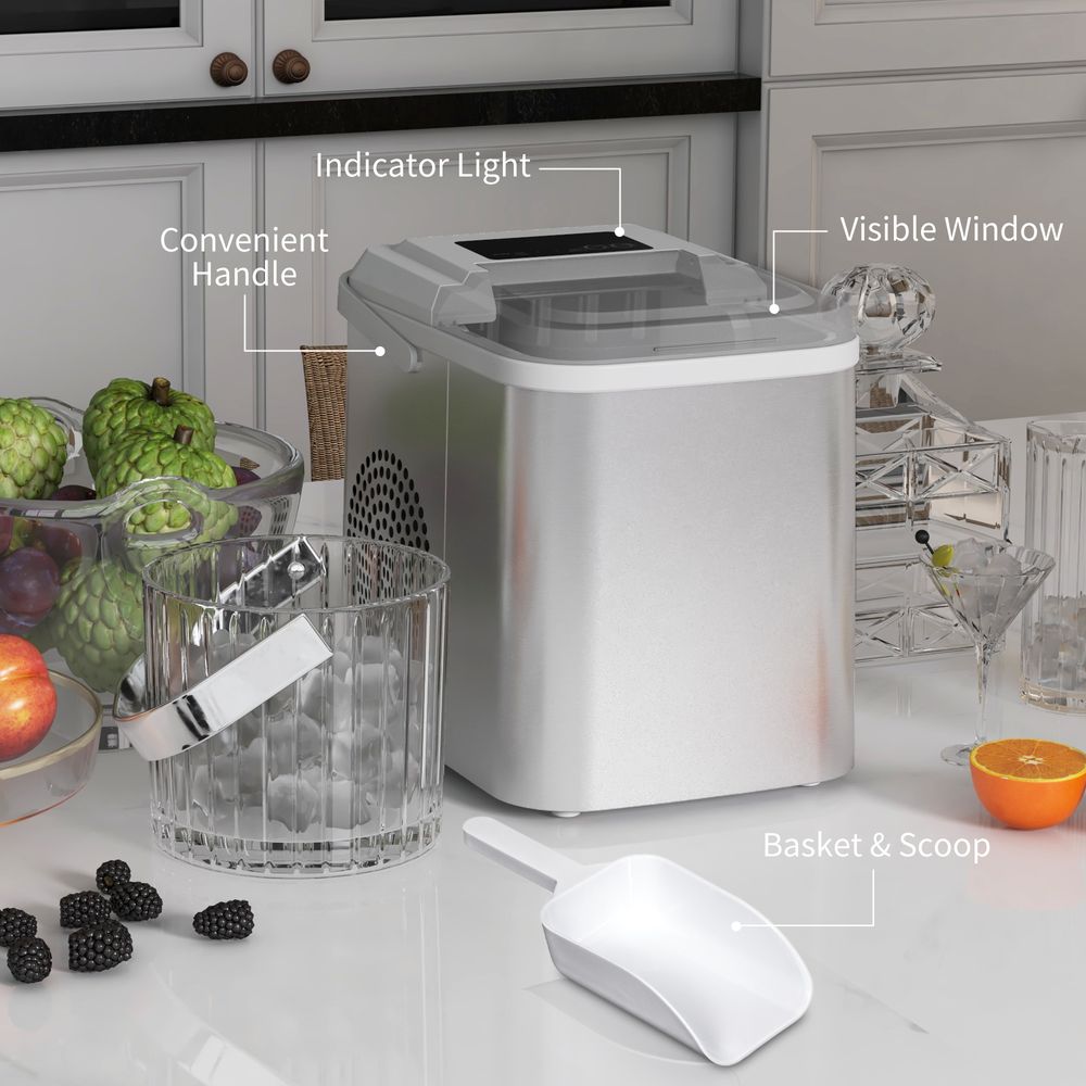 HOMCOM Portable Ice Cube Maker 12Kg/24 Hrs, 9Cubes/6-13Mins, 2 Cube Sizes