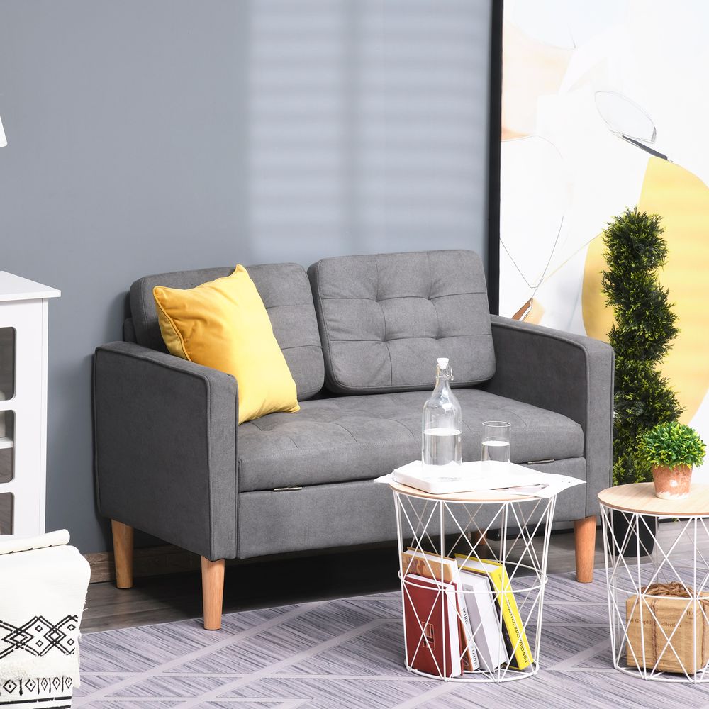 HOMCOM Compact Loveseat Sofa - 2 Seater with Storage & Wood Legs in Grey