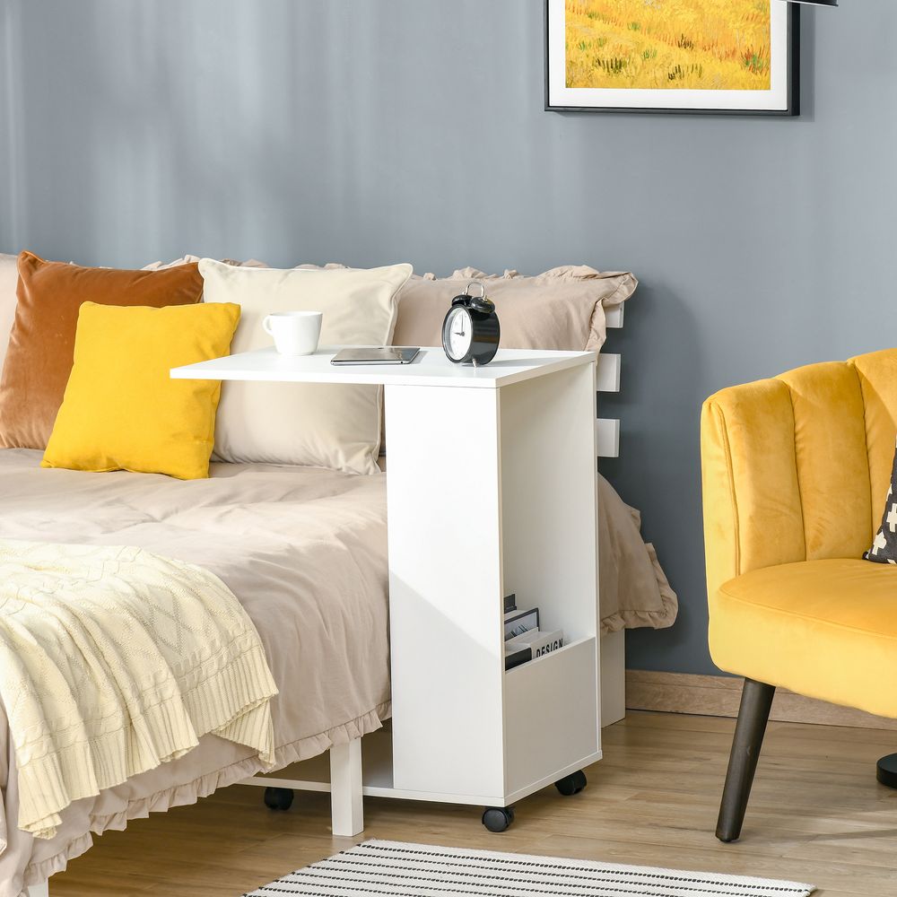 Mobile Sofa Side Table C-Shape End Table  White