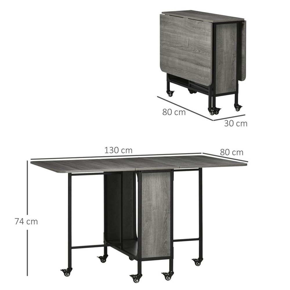 HOMCOM Mobile Drop Leaf Table Folding Kitchen Table Extendable Dining Table For Small Spaces With 6 Wheels & Storage Shelf Grey