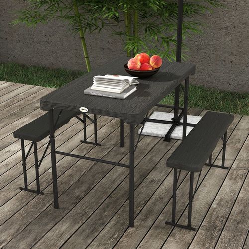 Outsunny HDPE Picnic Table Set w/ Beer Table & 2 Benches for 6, Dark Grey