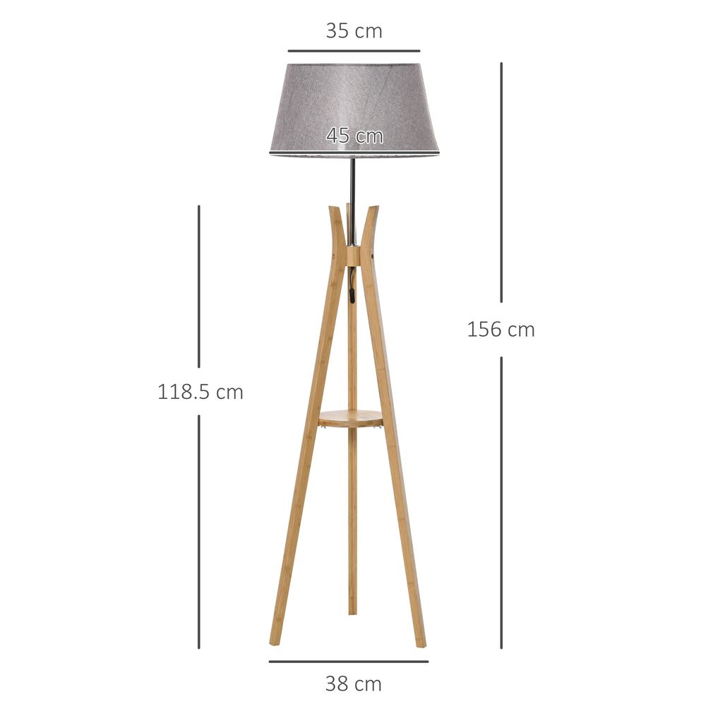 HOMCOM Natural Wood Tripod Floor Lamp Light E27 Base Bedroom Living Room Fabric Shade Storage Shelf Foot Switch, 156cm, Grey