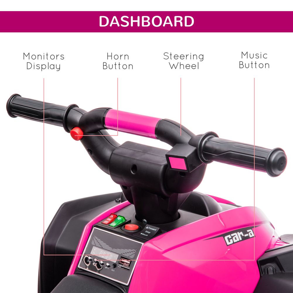 HOMCOM 12V Electric Quad Bike for Kids Ride On Car Toy, with Forward Reverse Functions, LED Headlights, Music, for Ages 3-5 Years - Pink