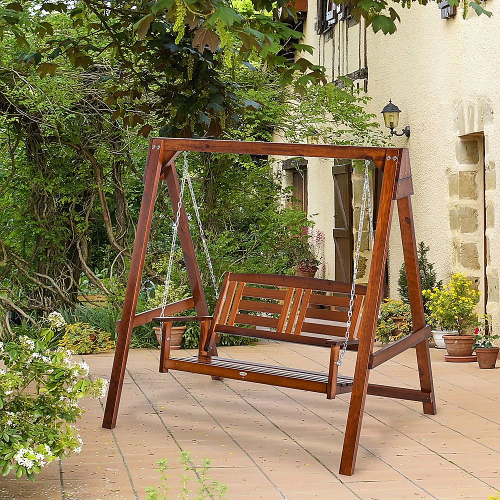 Outsunny Outdoor Garden Swing Chair - Wooden Patio Bench for 2 - Armrest - High Quality