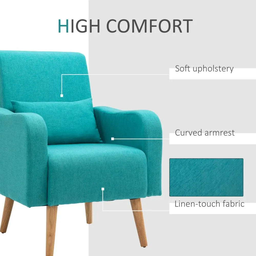 Nordic Armchair Linen-Touch Sofa Chair with Cushioned Pillow & Wood Legs Teal