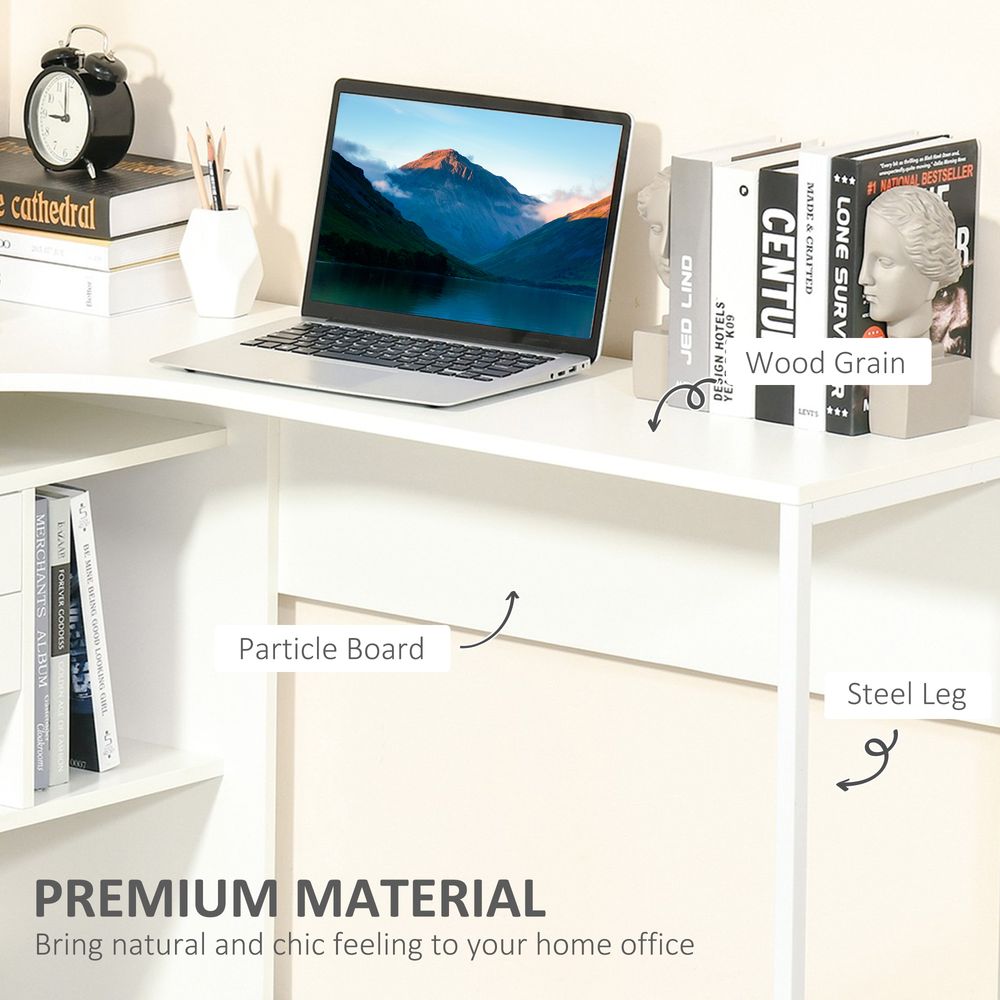 Modern L-Shaped Corner Desk w/ Storage Shelves - White