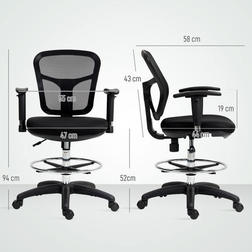 HOMCOM Drafting Stool Chair with Adjustable Armrest for Standing Desk, Black