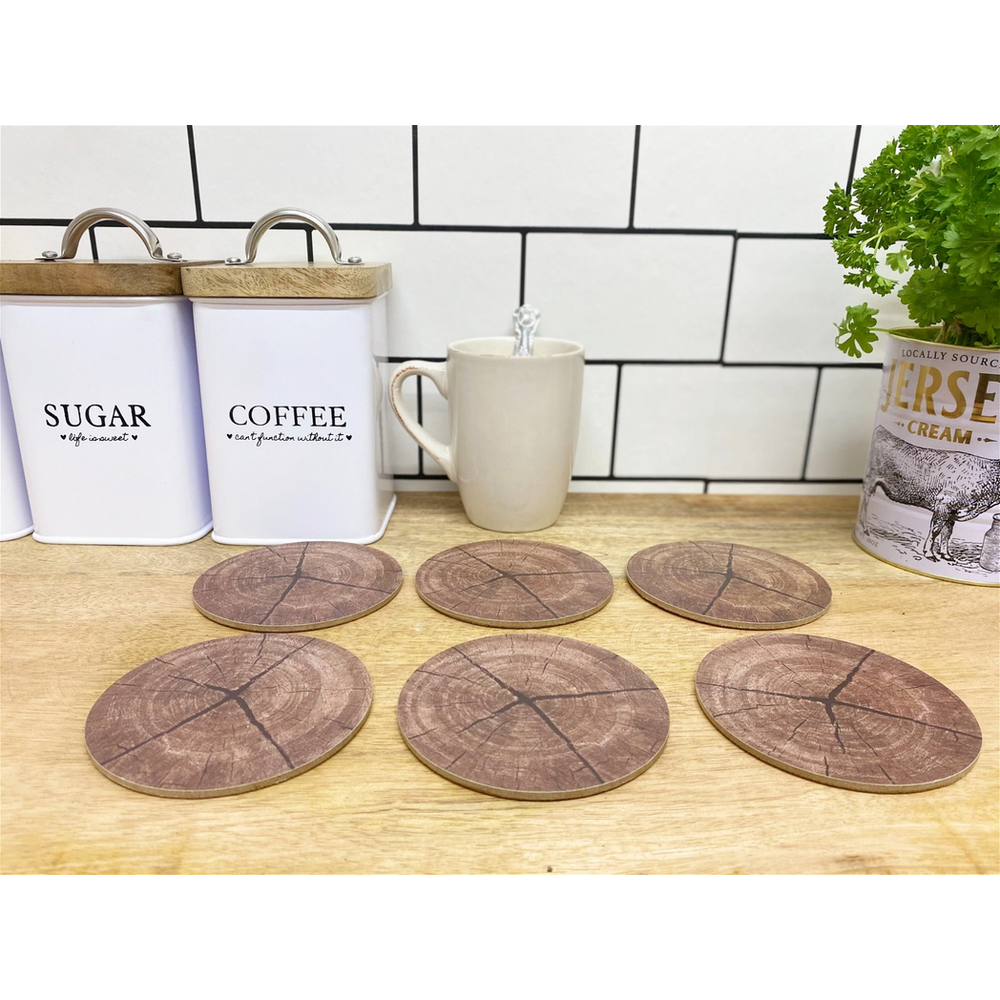 Premium Wood-Effect Coasters - Set of 6 | Cork Base | Wipeable Surface