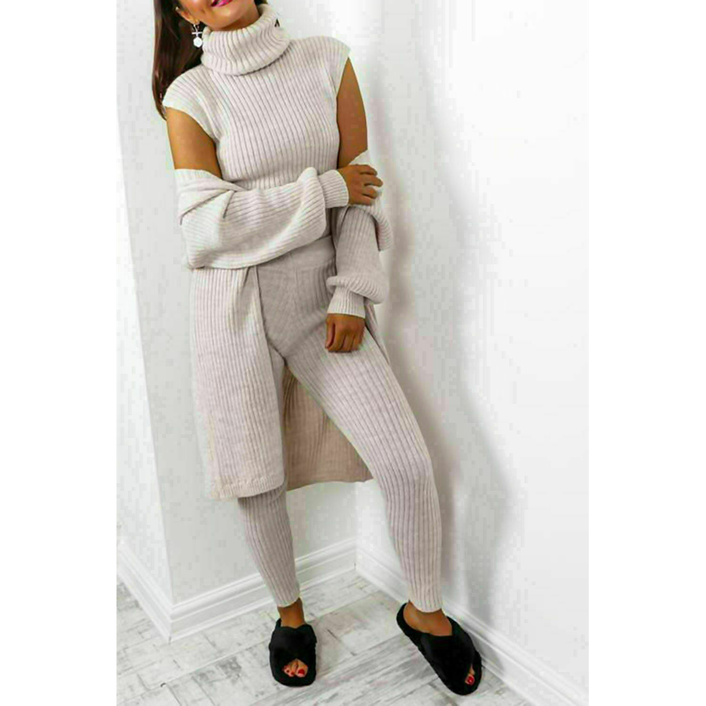 Ladies 3 Piece Suit Roll Neck Chunky Knitted Ribbed Tracksuit Lounge Set