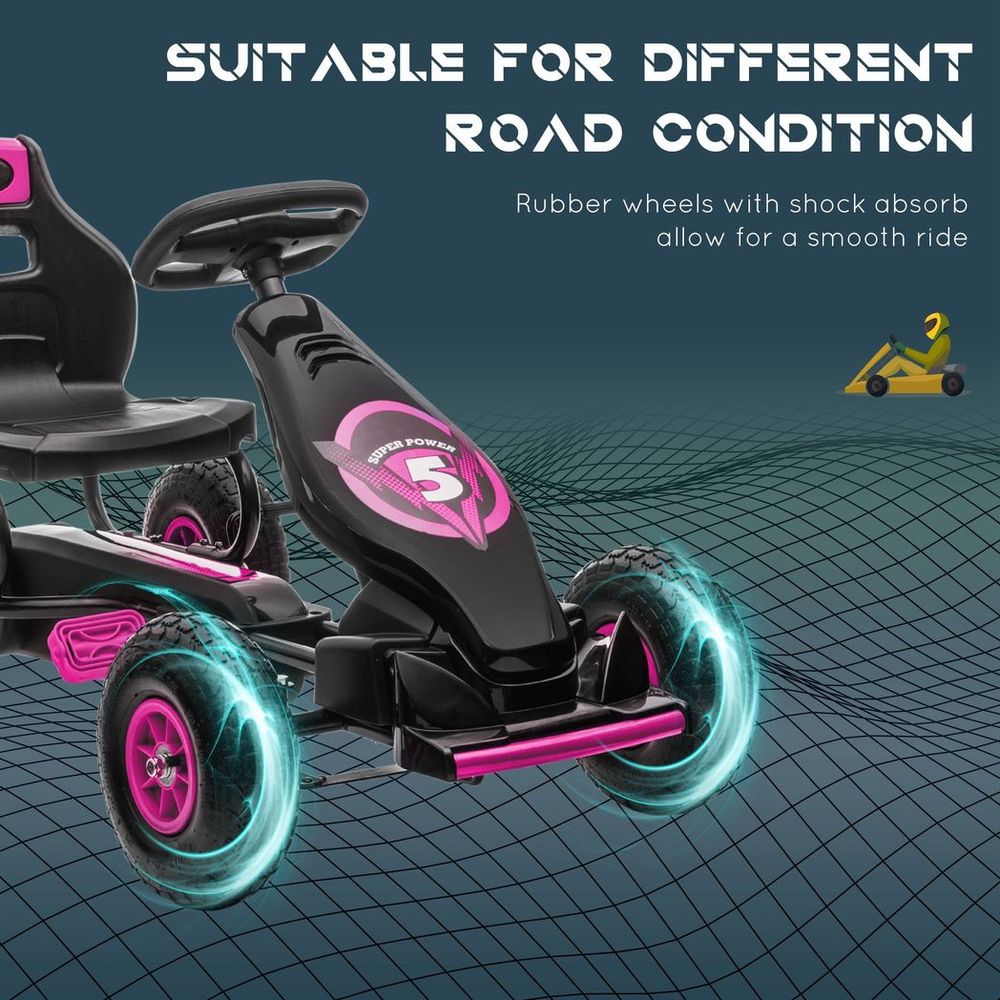 HOMCOM Children Pedal Go Kart, Raving Go Kart with Adjustable Seat, Inflatable Tyres, Shock Aborb, Handbrake, for Ages 5-12 Years - Pink