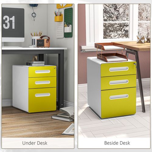 Vinsetto 3 Drawer Modern Steel Filing Cabinet w/ 4 Wheels Lock Box