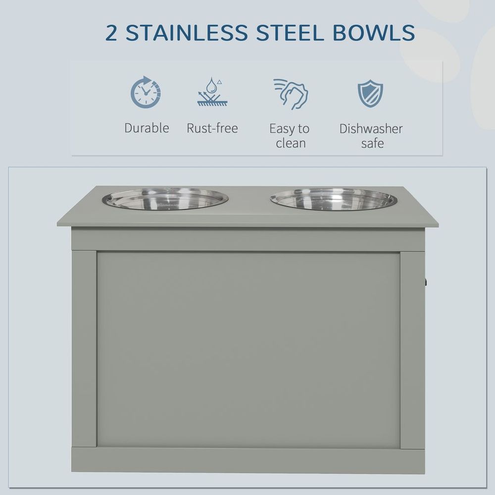 Elevated Pet Dog Bowls with Storage, 2 Bowls - Grey
