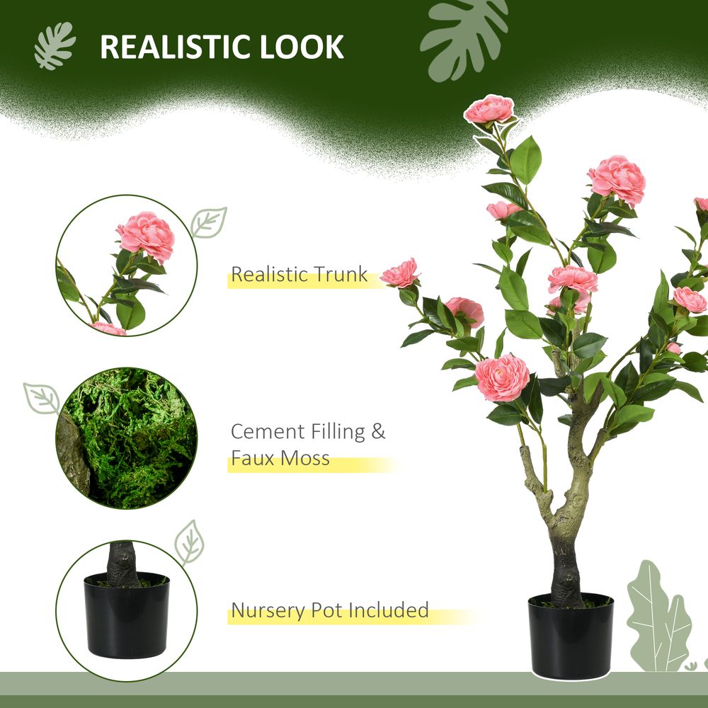Long-Lasting HOMCOM Potted Artificial Plants, Indoor Outdoor Camellia Flower, Pink
