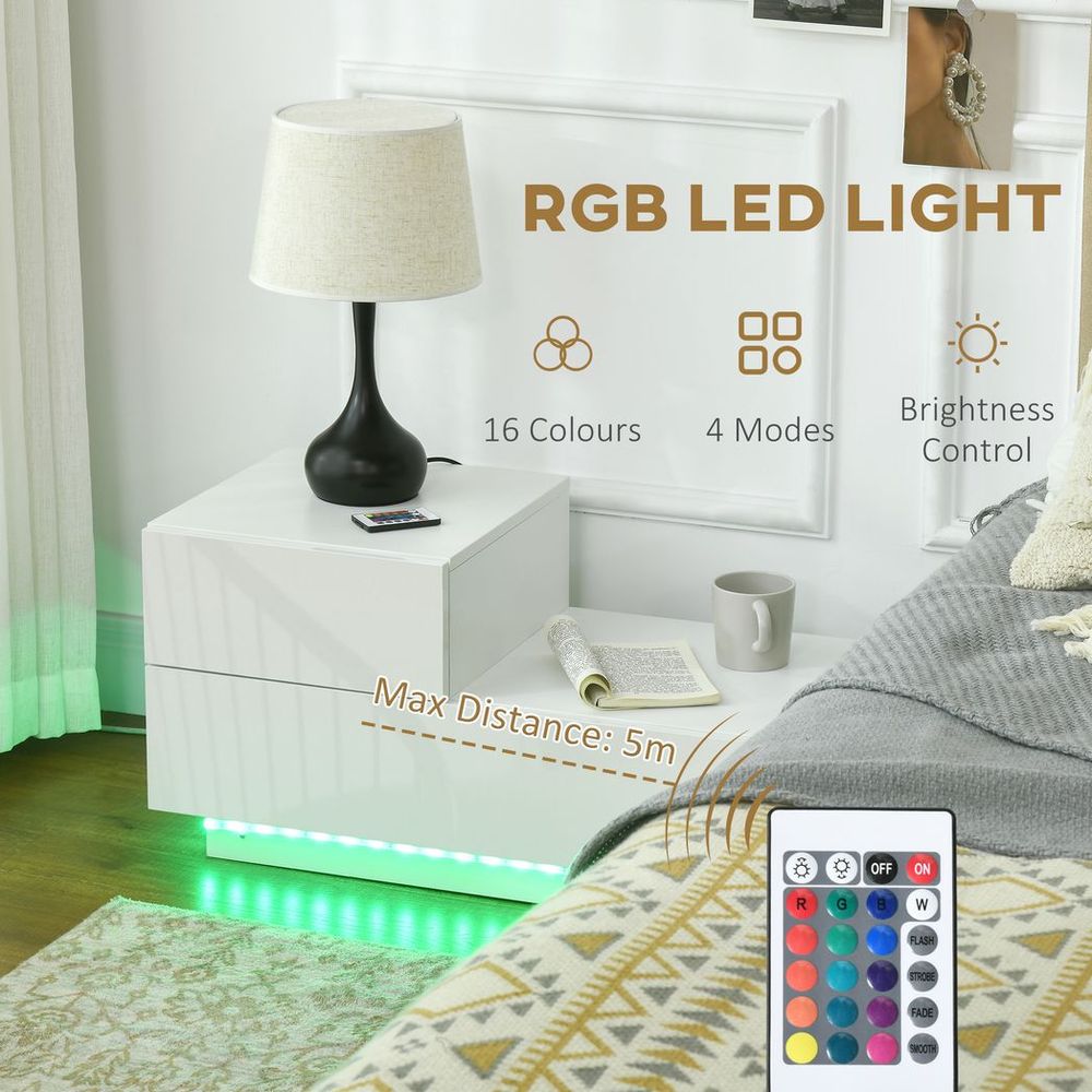 HOMCOM High Gloss LED Nightstand Table - Remote Control, White - Best Quality