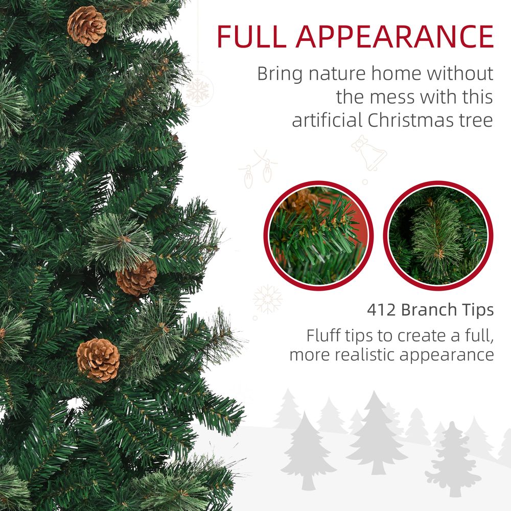 HOMCOM 5.5FT Tall Pencil Slim Artificial Christmas Tree with Realistic Branches, Tip Count and Pine Cones, Pine Needles Tree, Xmas Decoration, Green