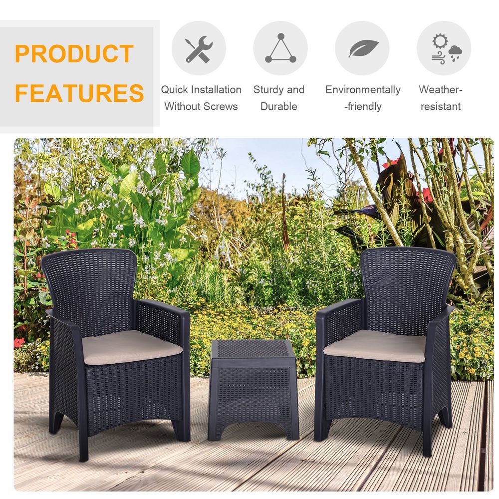 High Load Patio Coffee Set | 3-PCS Rattan Chair, Table & Cushion | Garden Gathering Furniture