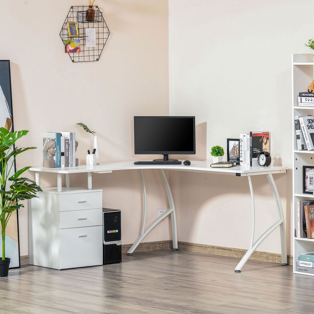 HOMCOM L-Shaped Computer Desk Table with Storage Drawer Home Office Corner Industrial Style Workstation for A4 Files 143.5 x 143.5 x 76cm, White