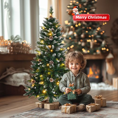 5 FT Artificial Snow Tipped Christmas Tree with DIY 100 Warm Lights Battery Operated, 21 Pine Cones, 800 Branch Tips and Sturdy Metal Stand, Green & Snow Tipped