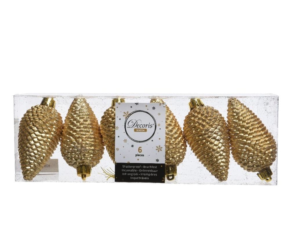 Shatterproof Light Gold Glitter Pine Cone  8cm Pack of 6 - Christmas Tree Decoration