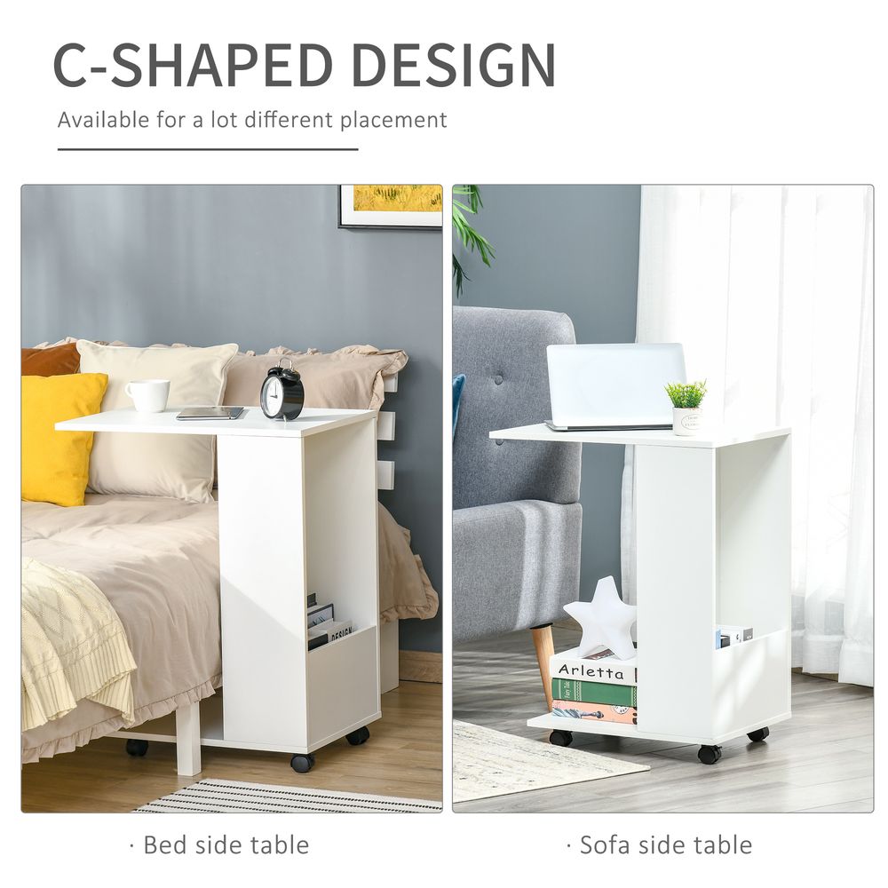 Mobile Sofa Side Table C-Shape End Table  White