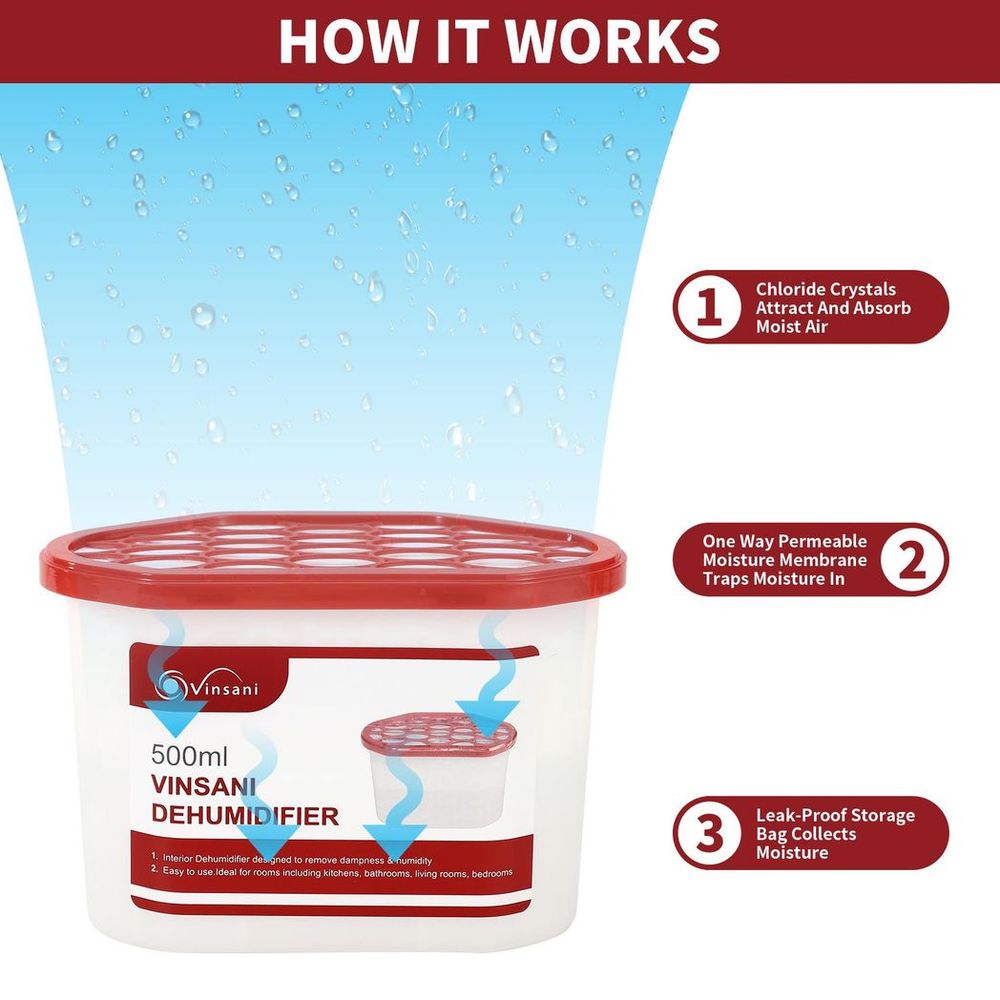 Vinsani Interior Dehumidifier Pack of 10 – 500mL Moisture Absorber Condensation Remover to Stop Damp, Mould, Moisture in Home Kitchen Wardrobe Bedroom Office Bathroom Basement Garage