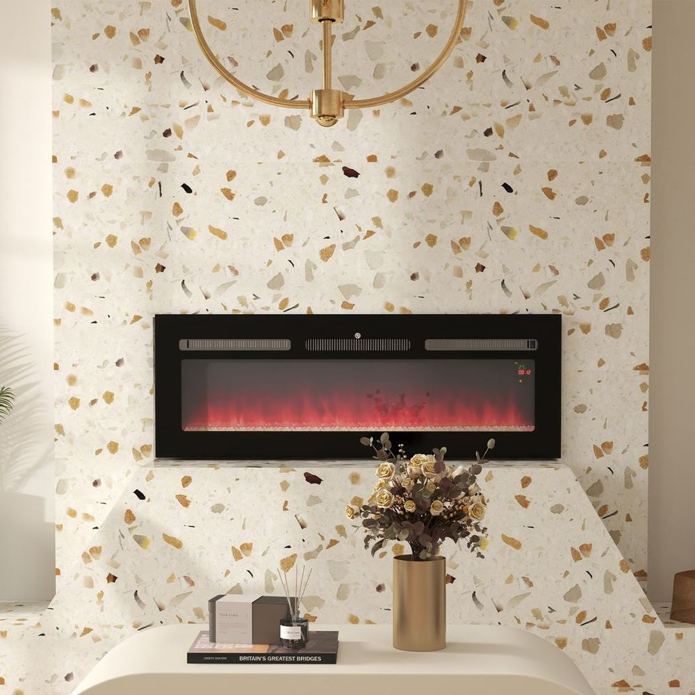 HOMCOM 127cm Electric Fireplace Recessed and Wall Mounted Electric Fire Black