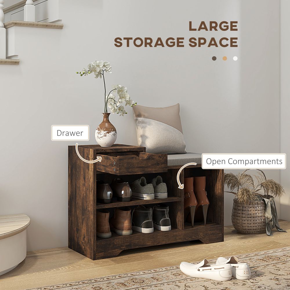 HOMCOM Upholstered Entryway Shoe Bench with Storage Drawer Open Shelf Brown