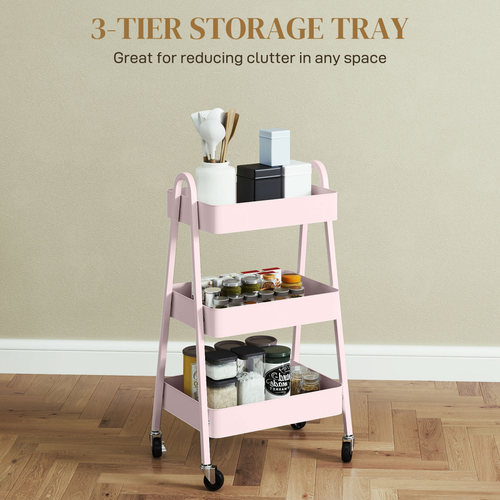HOMCOM 3-Tier Rolling Utility Cart Kitchen Storage Trolley on Wheels Pink