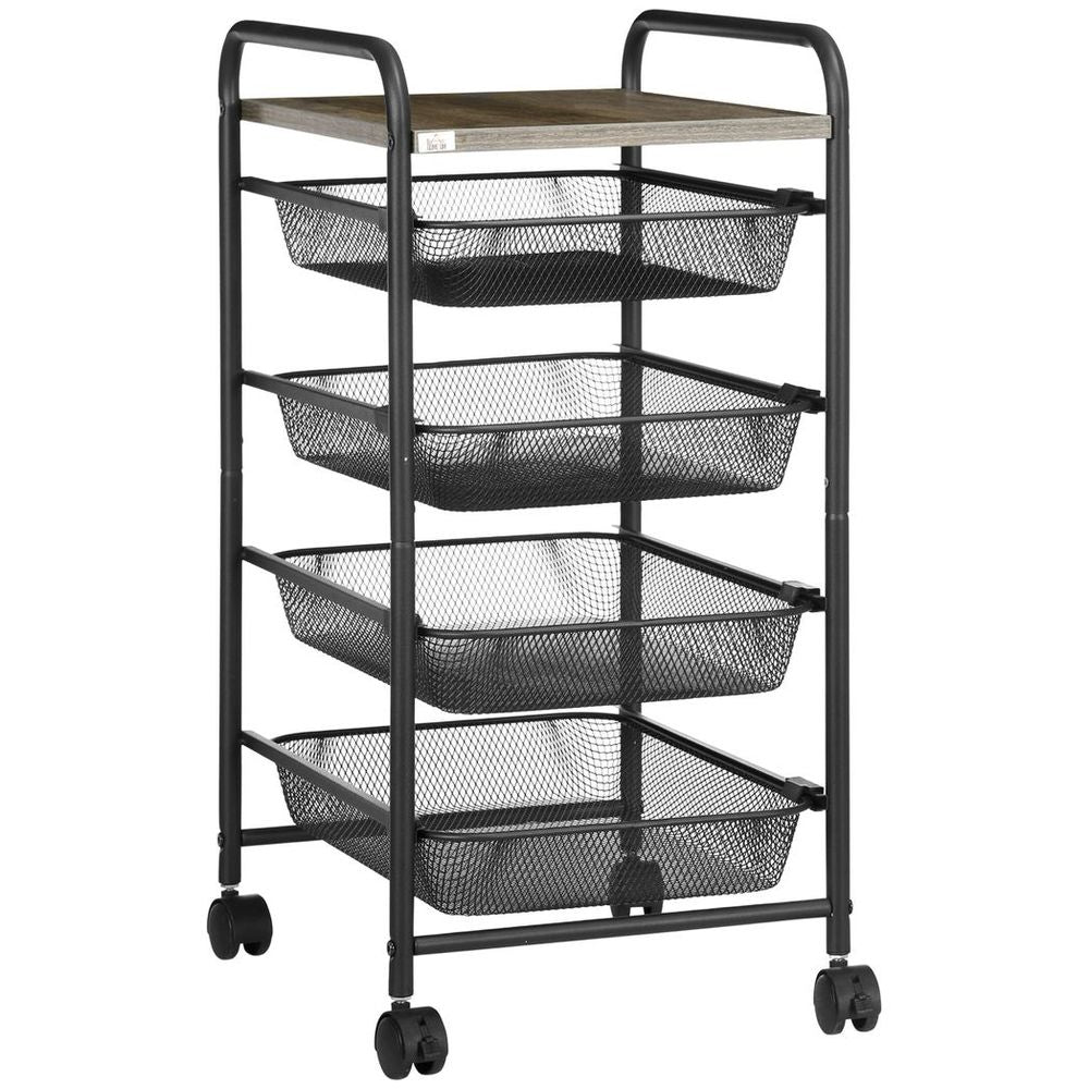HOMCOM Storage Trolley Rolling Utility Cart - 4 Baskets - Kitchen & Office - Black