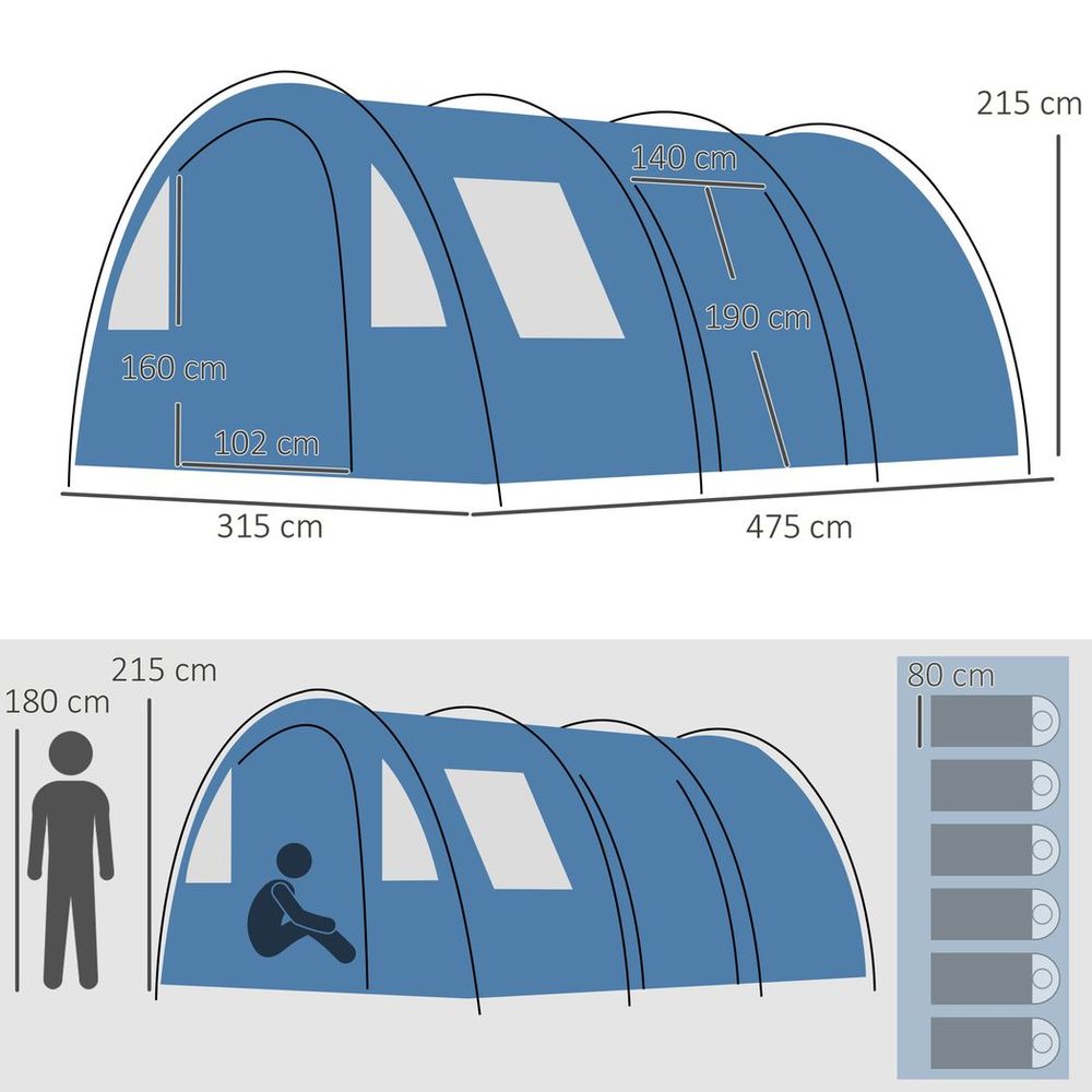 High-Quality 5-6 Man Family Tent with Two Rooms, Floor & Carry Bag