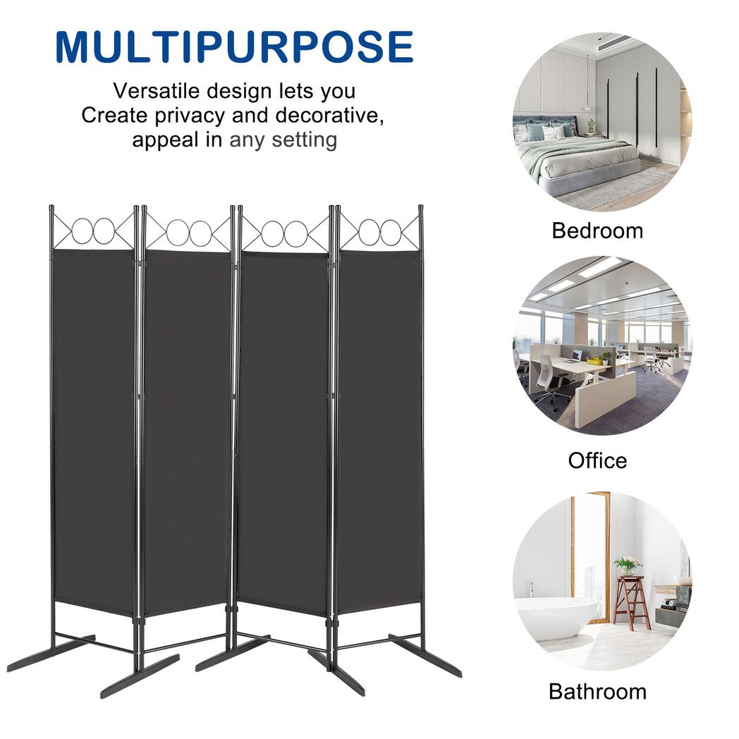 5.74FT 4-Fold Top With Shape 130g Polyester Cloth Plastic Feet Carbon Steel Frame Foldable Screen Black