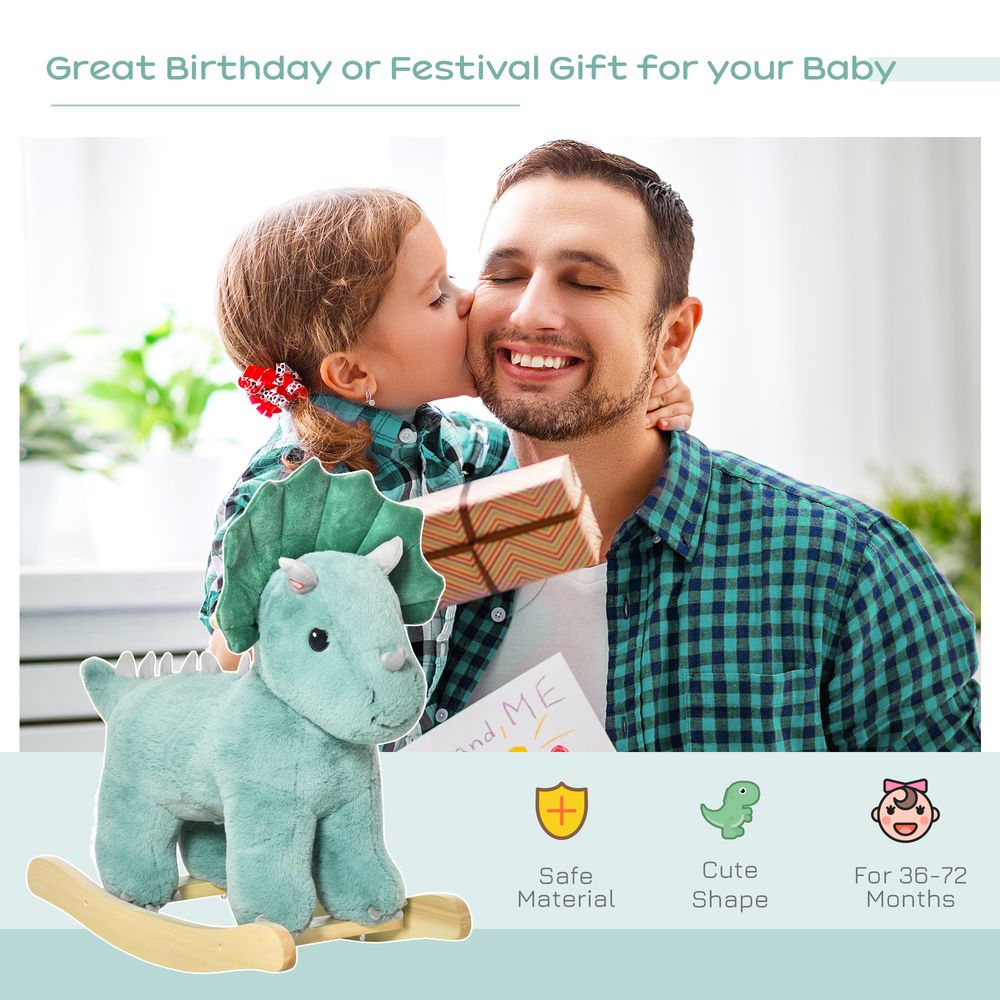 HOMCOM Kids Toddler Rocking Horse Plush Ride On Triceratops Rocker Wooden Base W/Sound for 3-6 Years Green