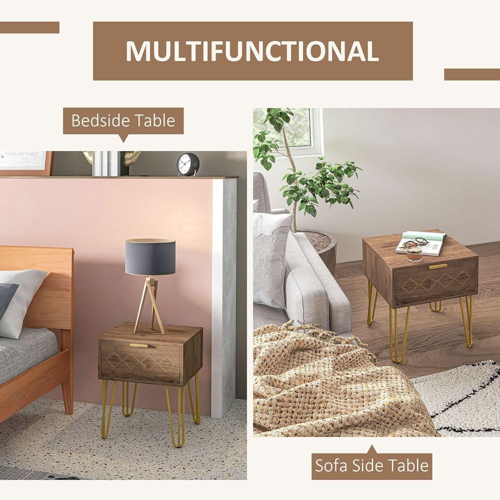 HOMCOM Bedside Table with Drawer, Gold Metal Legs for Living Room Bedroom