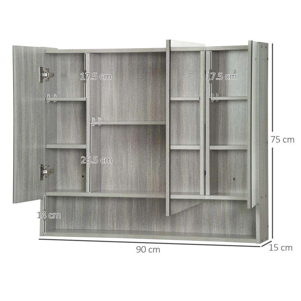 High-End Grey Bathroom Mirror Cabinet, Wall Mounted with 3 Doors and Cupboards - Order Today!