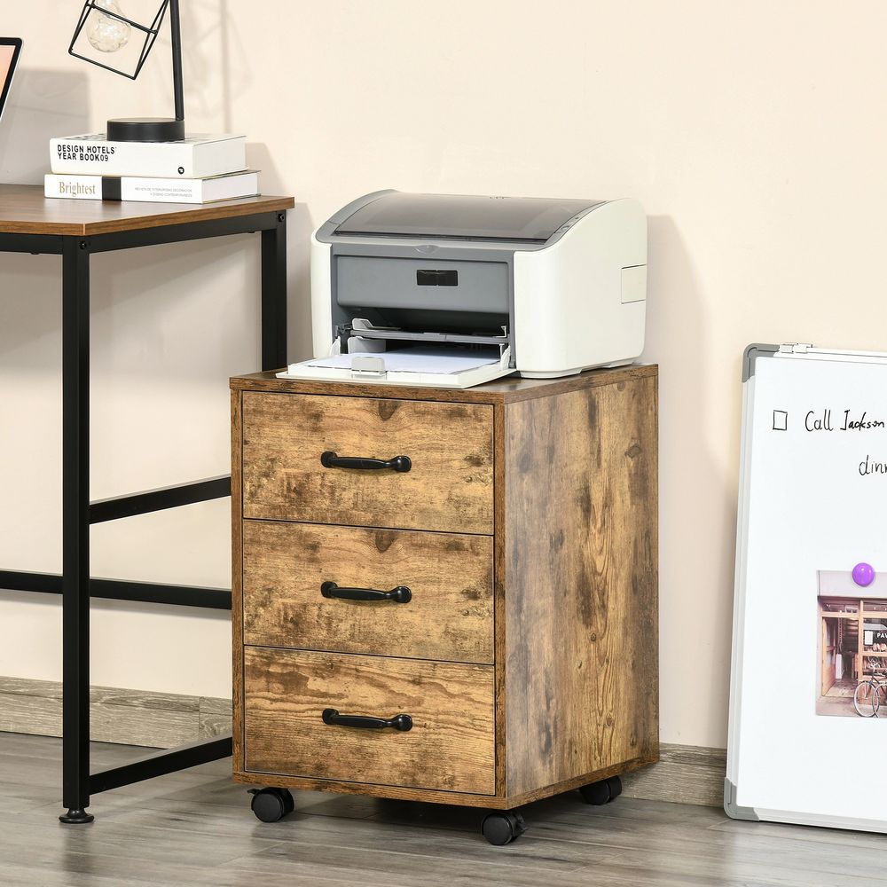 HOMCOM Mobile File Cabinet with 3 Drawers, Under Desk Home Office Organizer, Rustic Brown