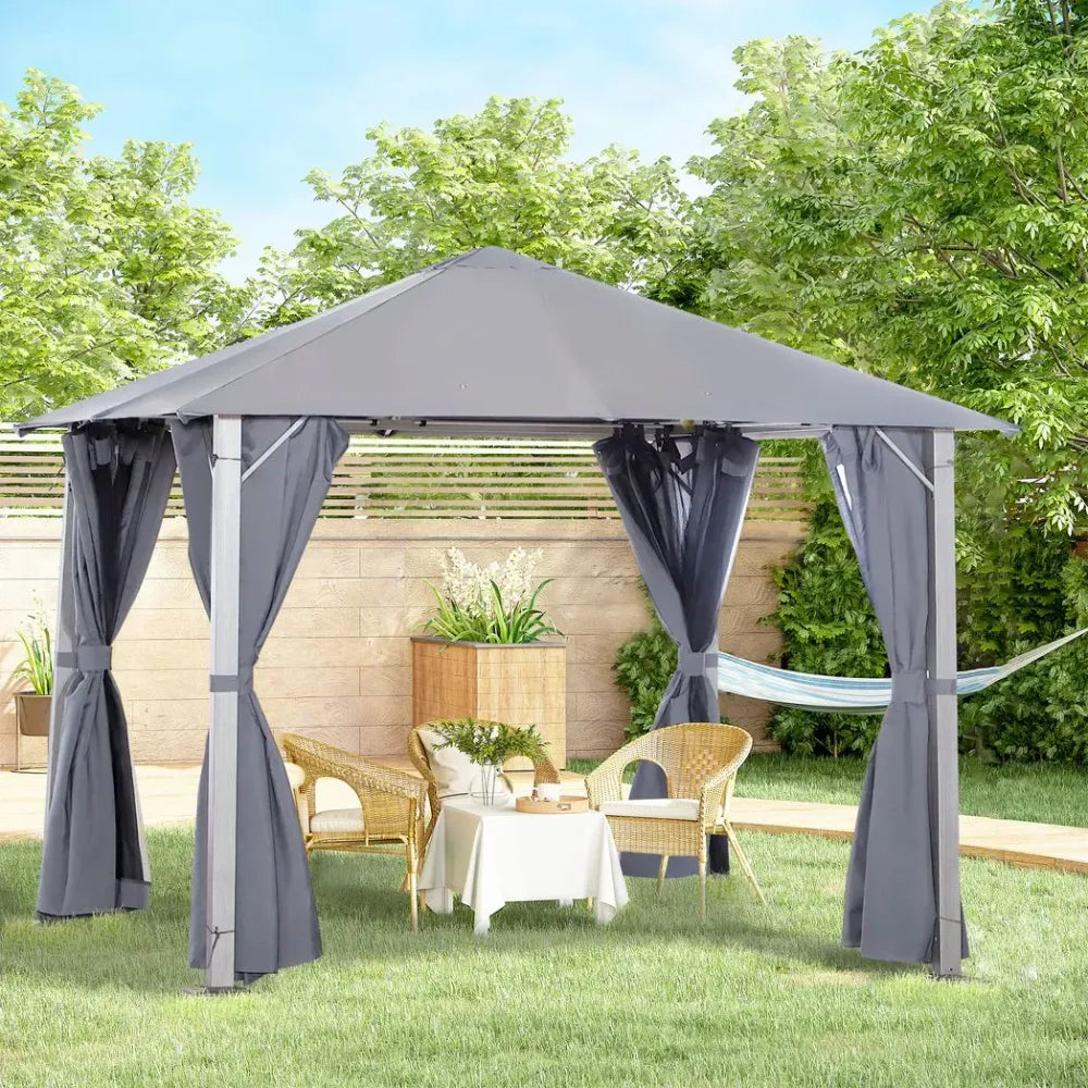 Spacious 2.6m Outdoor Gazebo, Steel Wood Grain Frame, Mesh Curtain Sidewalls, Sun Shelter