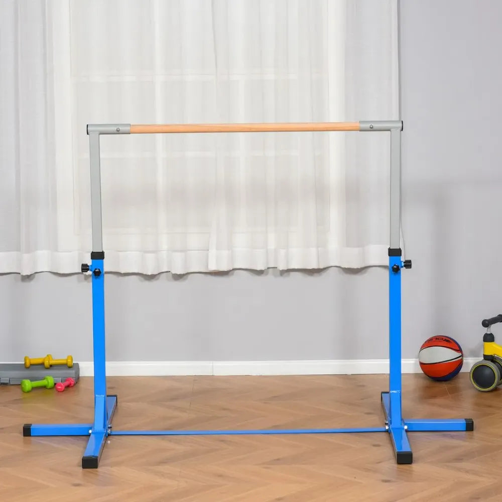 Adjustable Kids Gymnastics Bar Horizontal Training w/ Steel Frame Wood Bar Blue