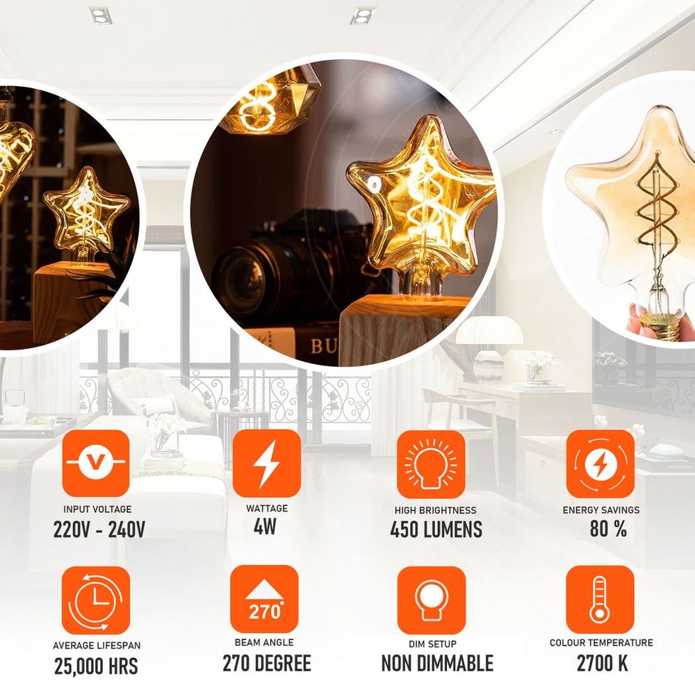Vintage Retro Style E27 Edison Screw Amber Glass Light Bulbs - 3 Pack, Warm White