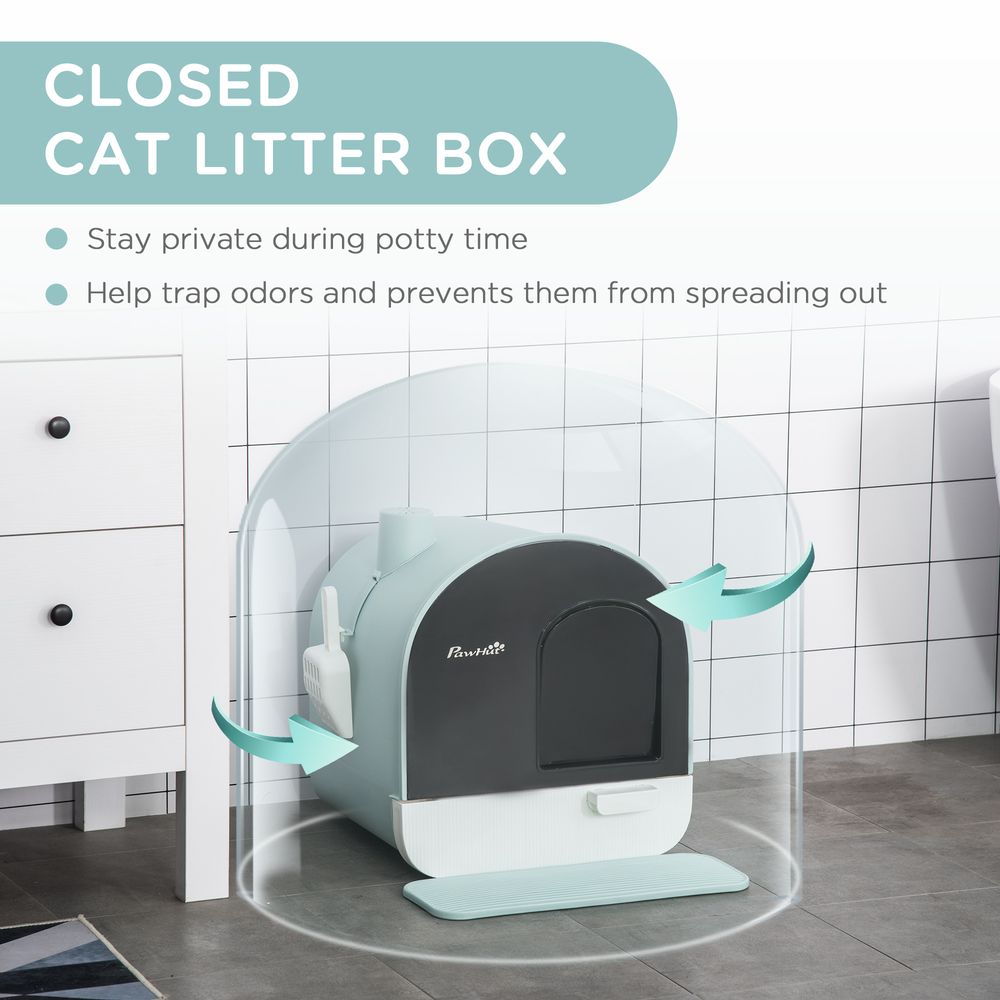 PawHut Cat Litter Box Kitten Litter Tray w/Hood, Scoop, Filter, Flap Door, 43 x 44 x 47cm - Green
