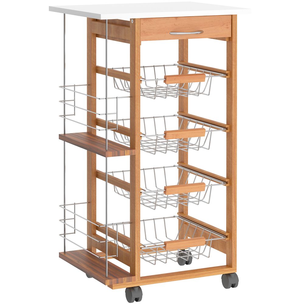 Premium MDF Kitchen Trolley - Storage Cart with 4 Baskets, Spice Racks, and Smooth Wheels - Brown