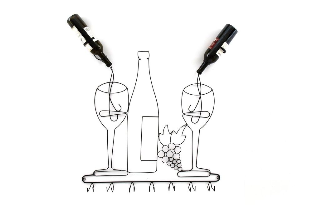 Organize your wine collection with this sleek black wire wine holder. Holds 2 bottles and 7 glasses.