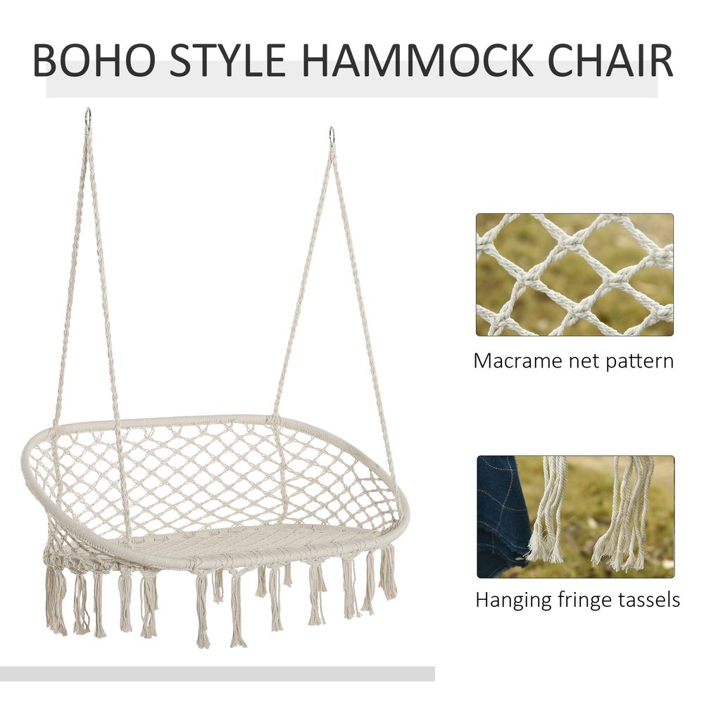 Hanging Hammock Chair, Cotton Rope Swing + Metal Frame, Large Macrame, Cream White