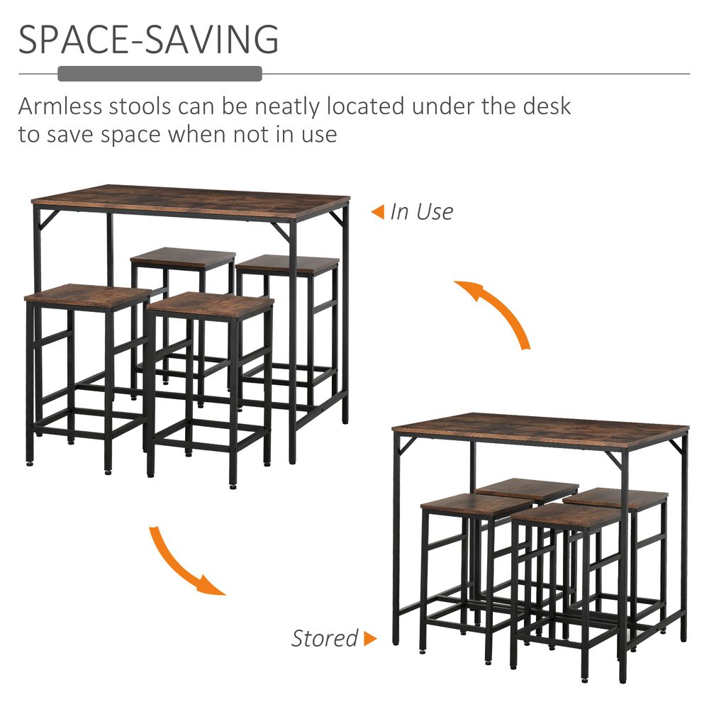 MDF Industrial 5-Pc Dining Set: Table & 4 Stools - Black/Brown, Quality & Space-Saving