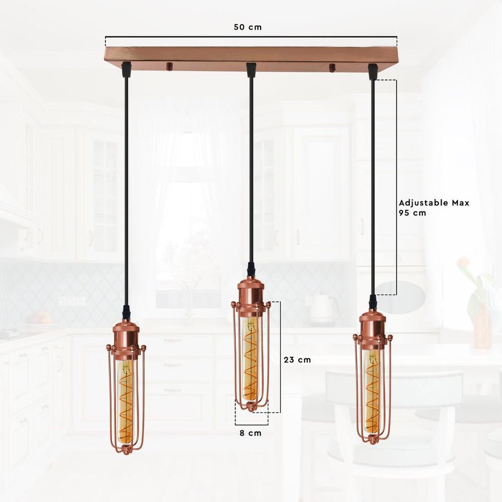 Vintage Industrial Style 3 Head Pendant Light with Wire Cage - Rose Gold Ceiling Lighting Fixture