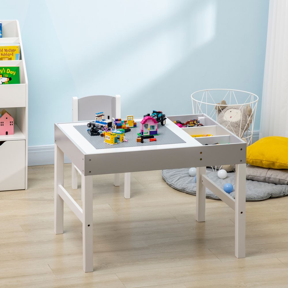 HOMCOM 2 in 1 kids Table and Chair Set, Children Activity Play Table for Bricks Toddler Furniture with Storage Space, Grey