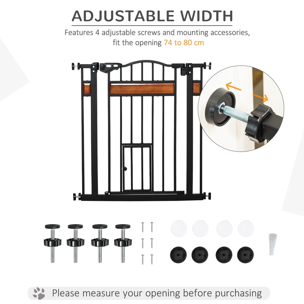 PawHut Dog Gate Pet Safety Gate W/ Cat Door Auto Close Pine Decor 74-80 centimeters Wide