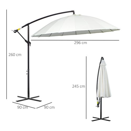 Outsunny 3(m) Cantilever Shanghai Parasol Garden Hanging Banana Sun Umbrella with Crank Handle, 18 Sturdy Ribs and Cross Base