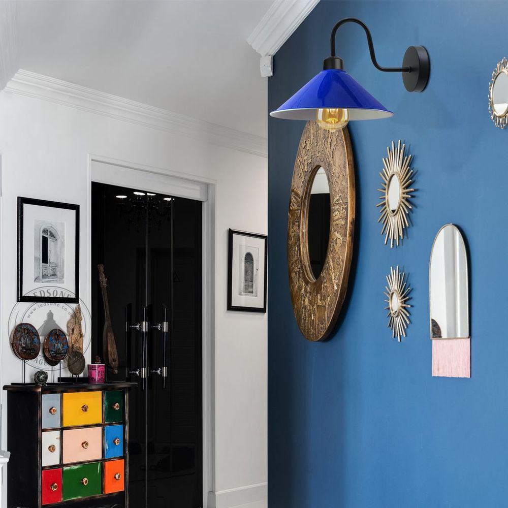 Navy Blue Wall Light Fixture, Black Wall Sconce - Vintage Swan Neck Cone Shade - E27 Base - High Quality - 3 Year Warranty