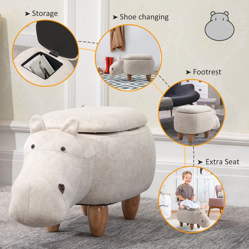 HOMCOM Hippo Storage Stool | Cute Footrest | Wood Frame Legs | Cream